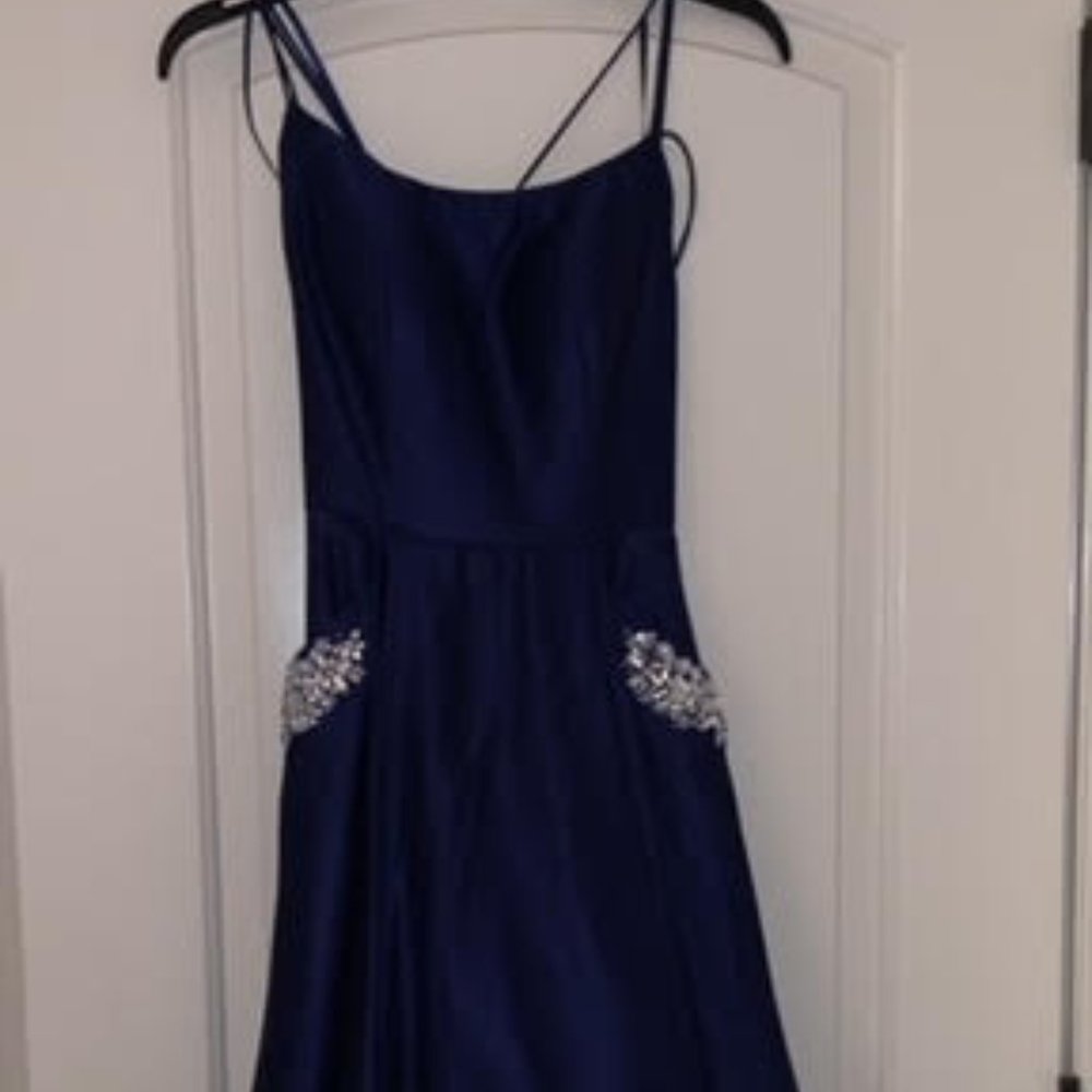 blondie nites strappy dark blue embellished pockets pleated satin gown